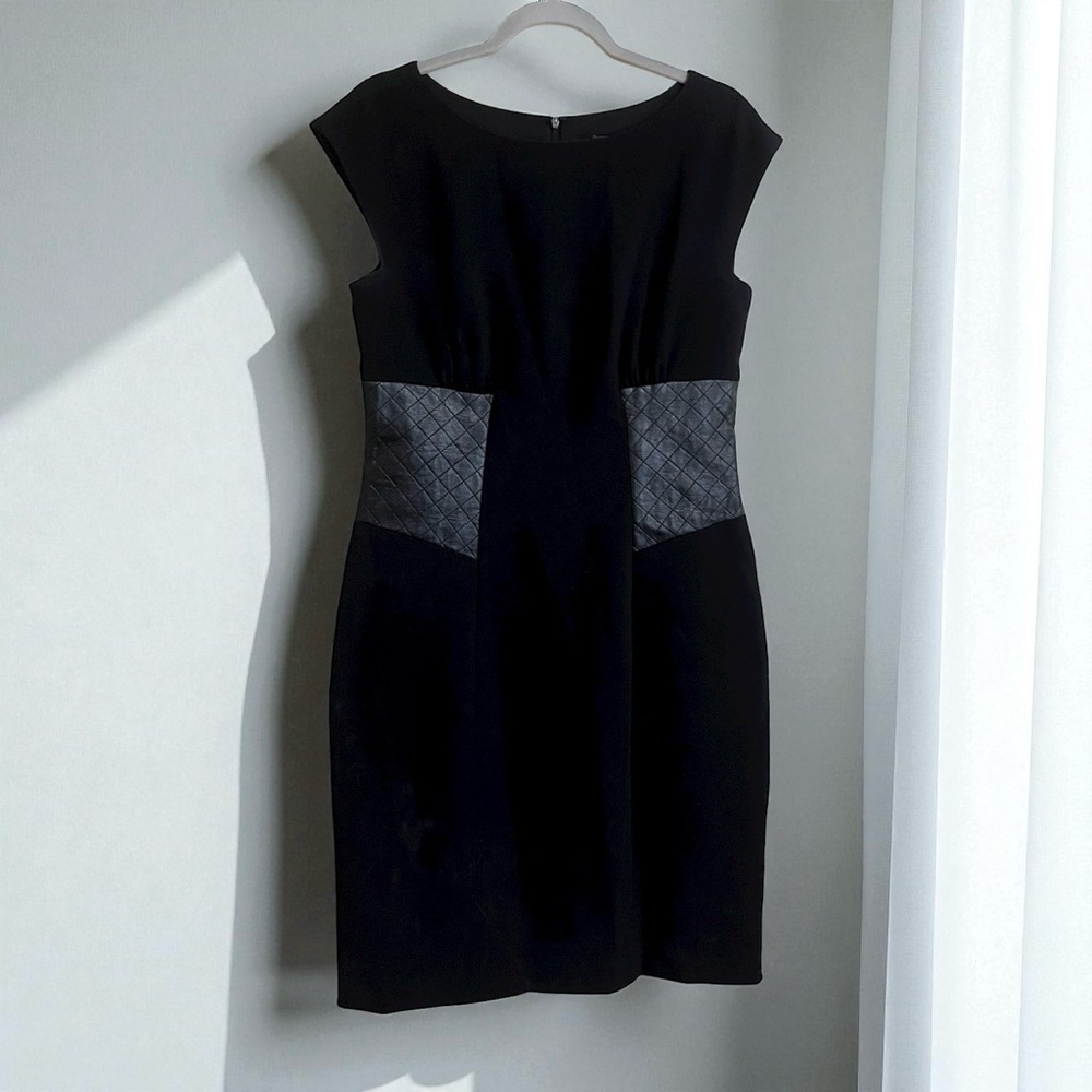 TAHARI LEVINE Black Faux Leather Cap Sleeve Sheath Office Knee Length Dress Sz 8